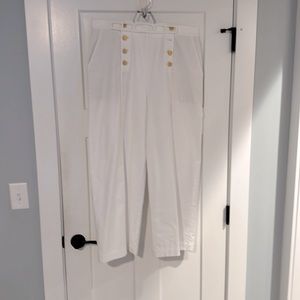 White, wide-leg, gold button BCBG pants